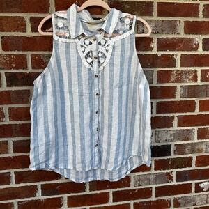 Maeve Anthropologie Linen Striped Tank Top‎ Crochet Collar Sleeveless Blouse XL